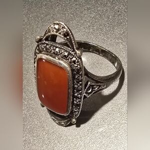 Sterling-Style Carnelian Stone Statement Ring With Marcasite Accents 7